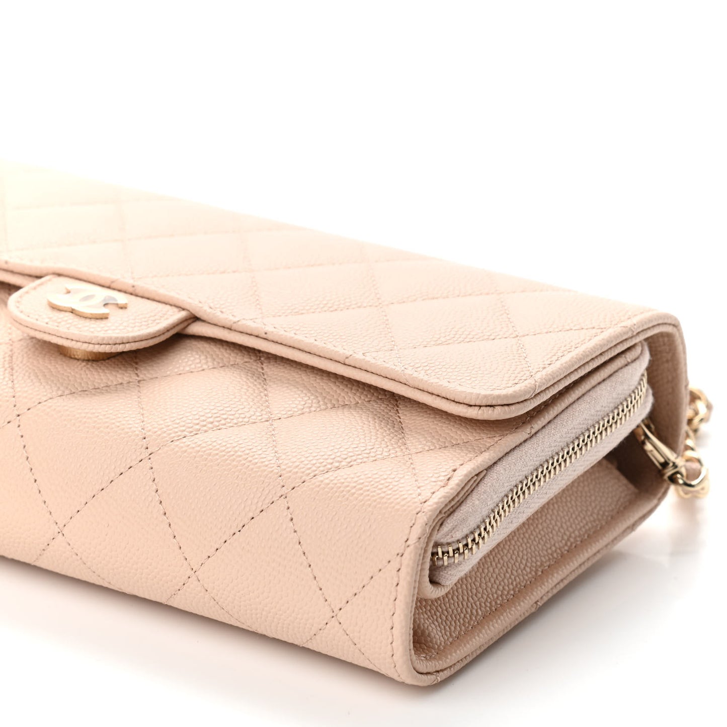Caviar Quilted Phone Holder Wallet on Removable Chain Light Beige