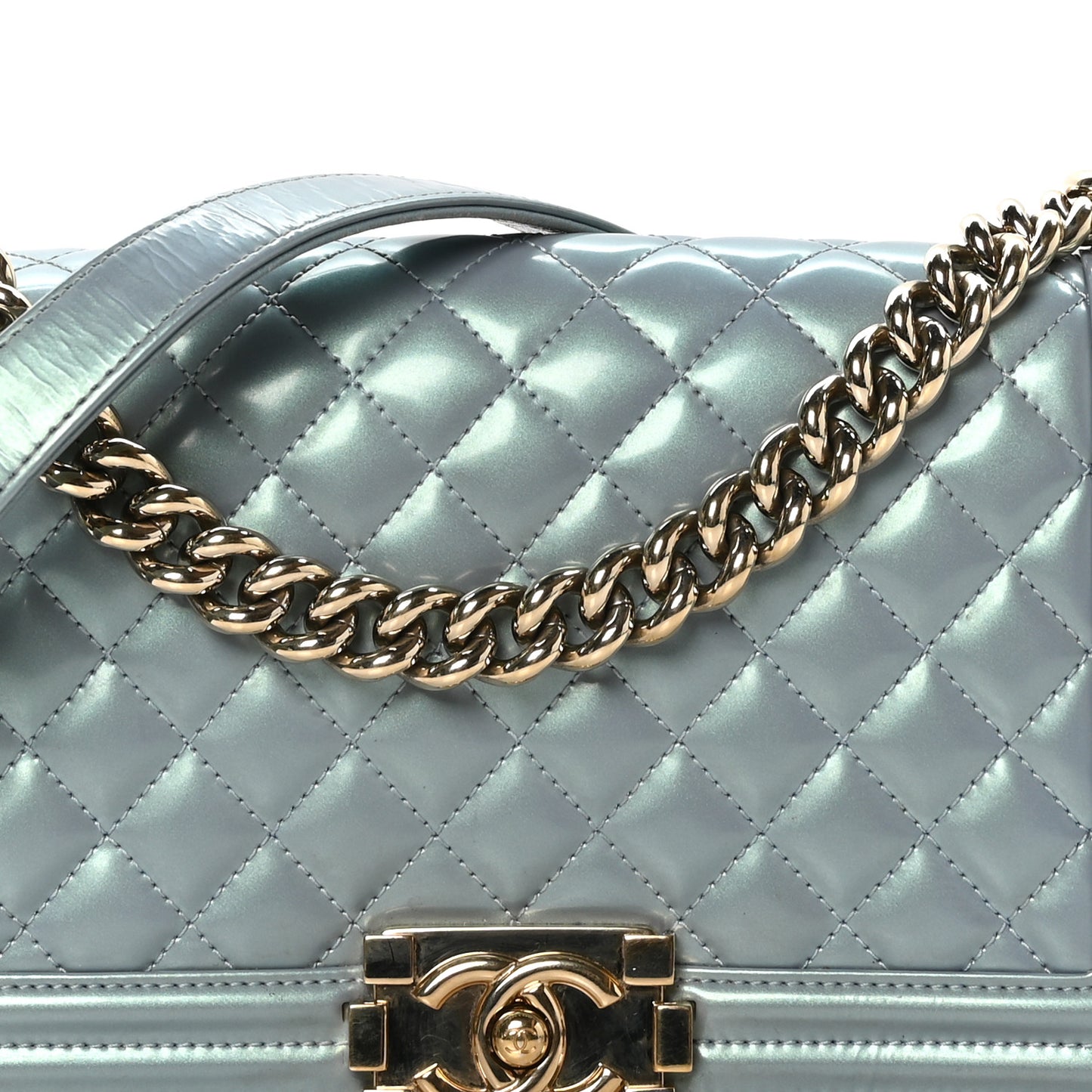 Iridescent Patent Calfskin Quilted Medium Boy Flap Light Blue