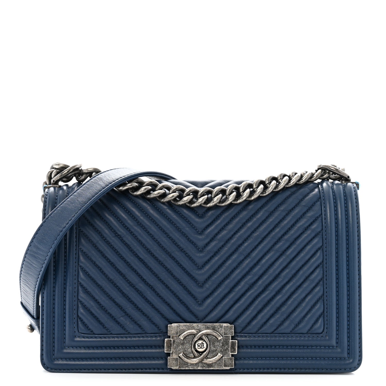 Chanel Calfskin Chevron Quilted Medium Boy Flap Dark Navy Blue 1 of 12