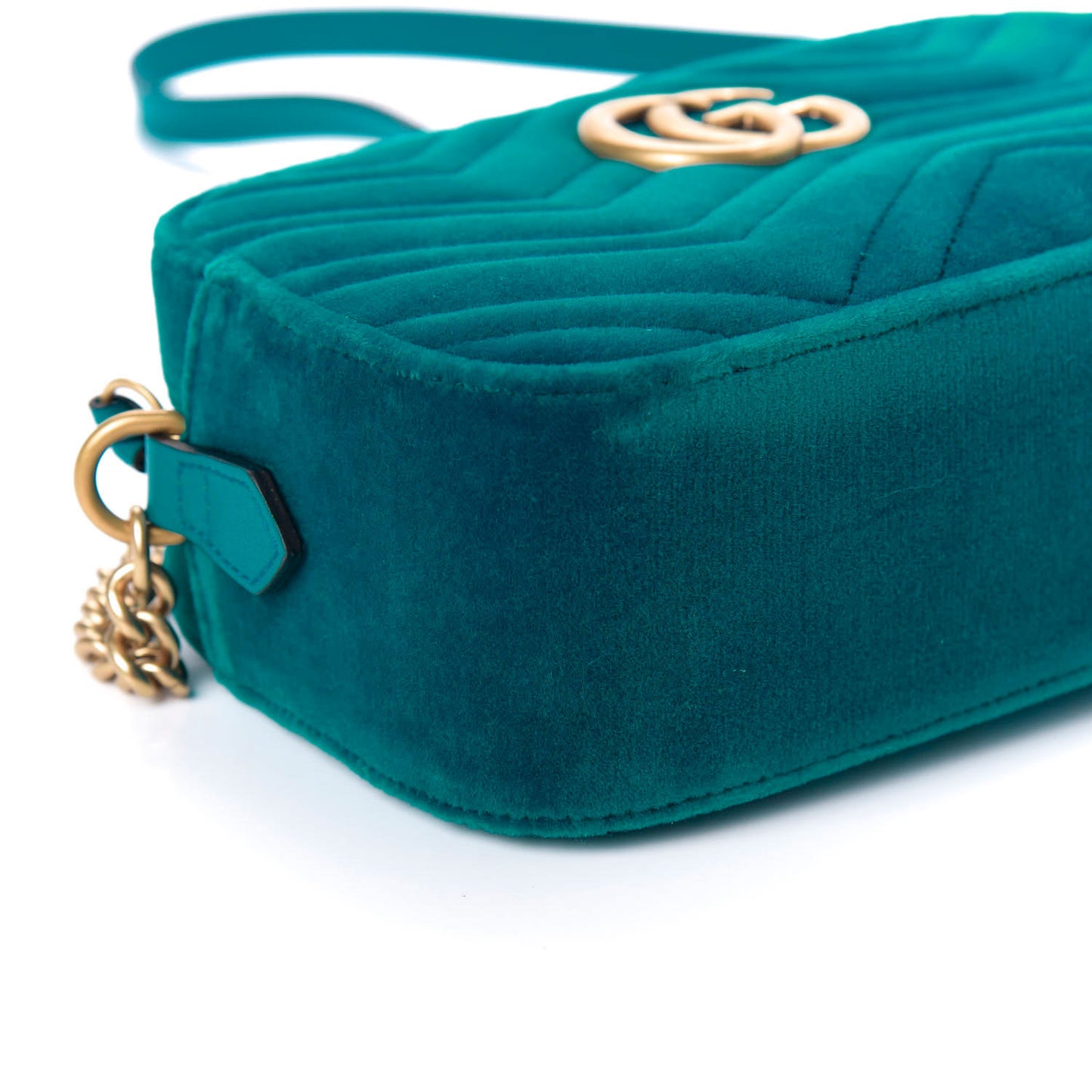 Velvet Matelasse Small GG Marmont Chain Shoulder Bag Pavone Cyan