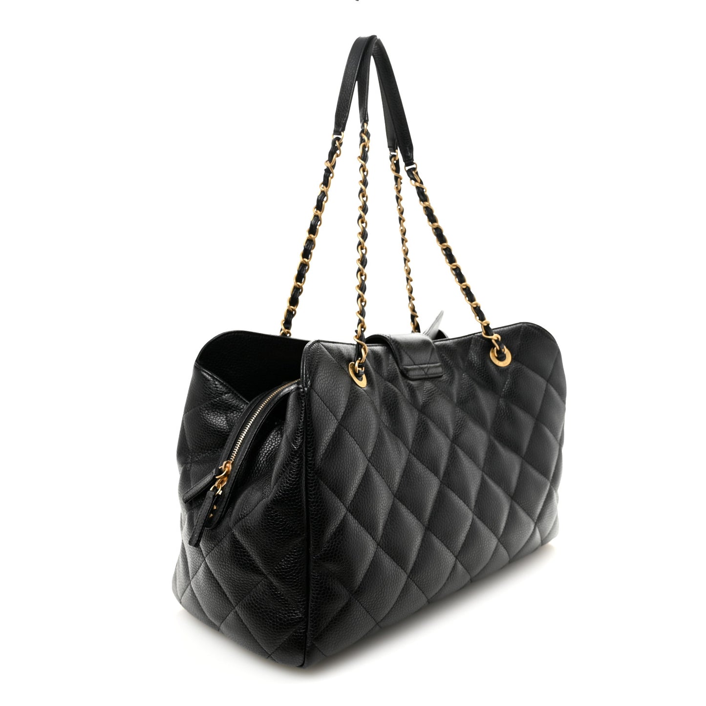 Metallic Grained Calfskin Quilted Shopping Tote Black