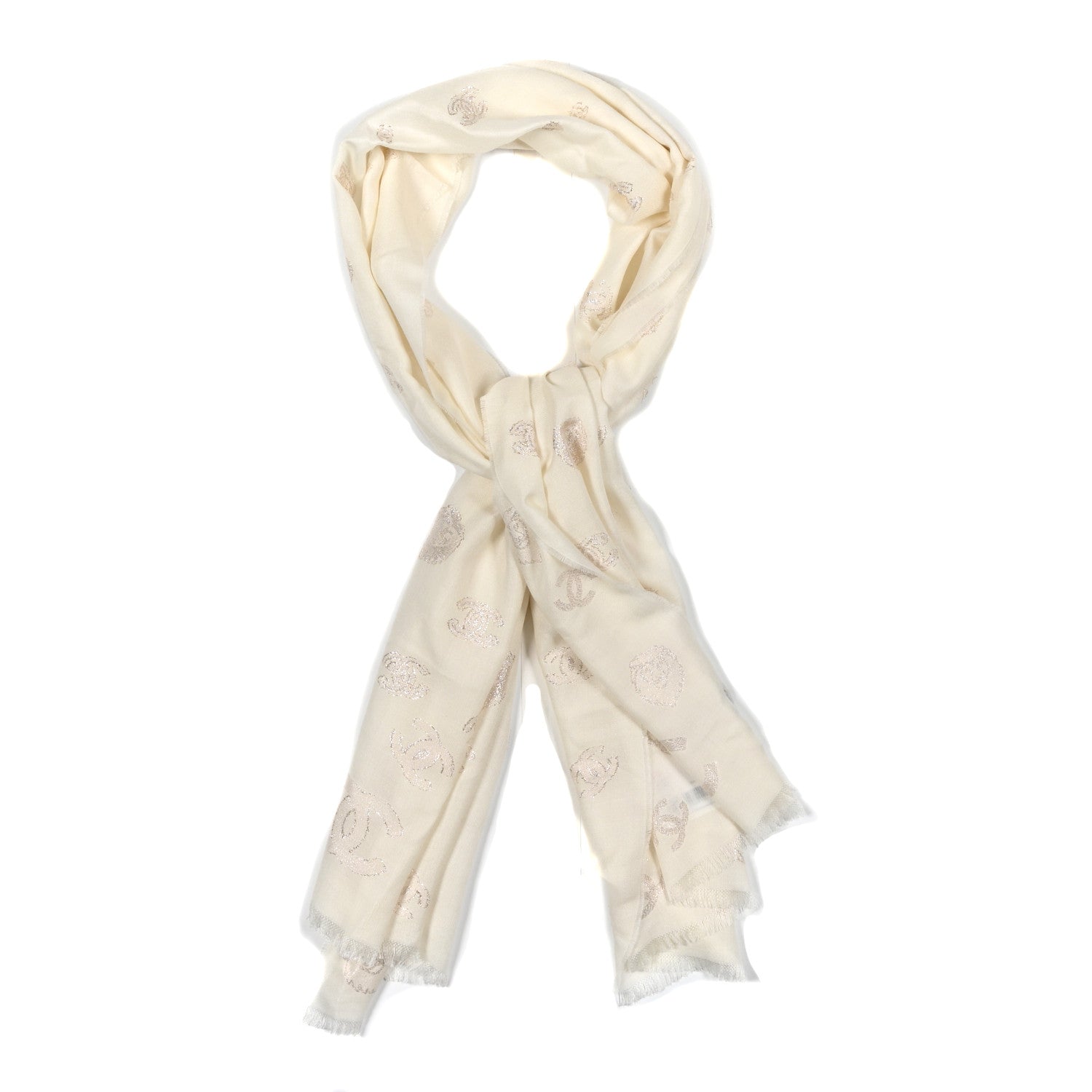 Chanel Cashmere Silk Fringe Stole Ecru Golden 1 of 4