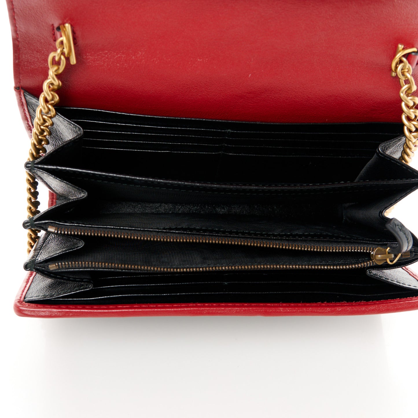 Vintage Effect Calfskin Matelasse Diagonal Torchon GG Marmont Chain Wallet Black Romantic Cherry