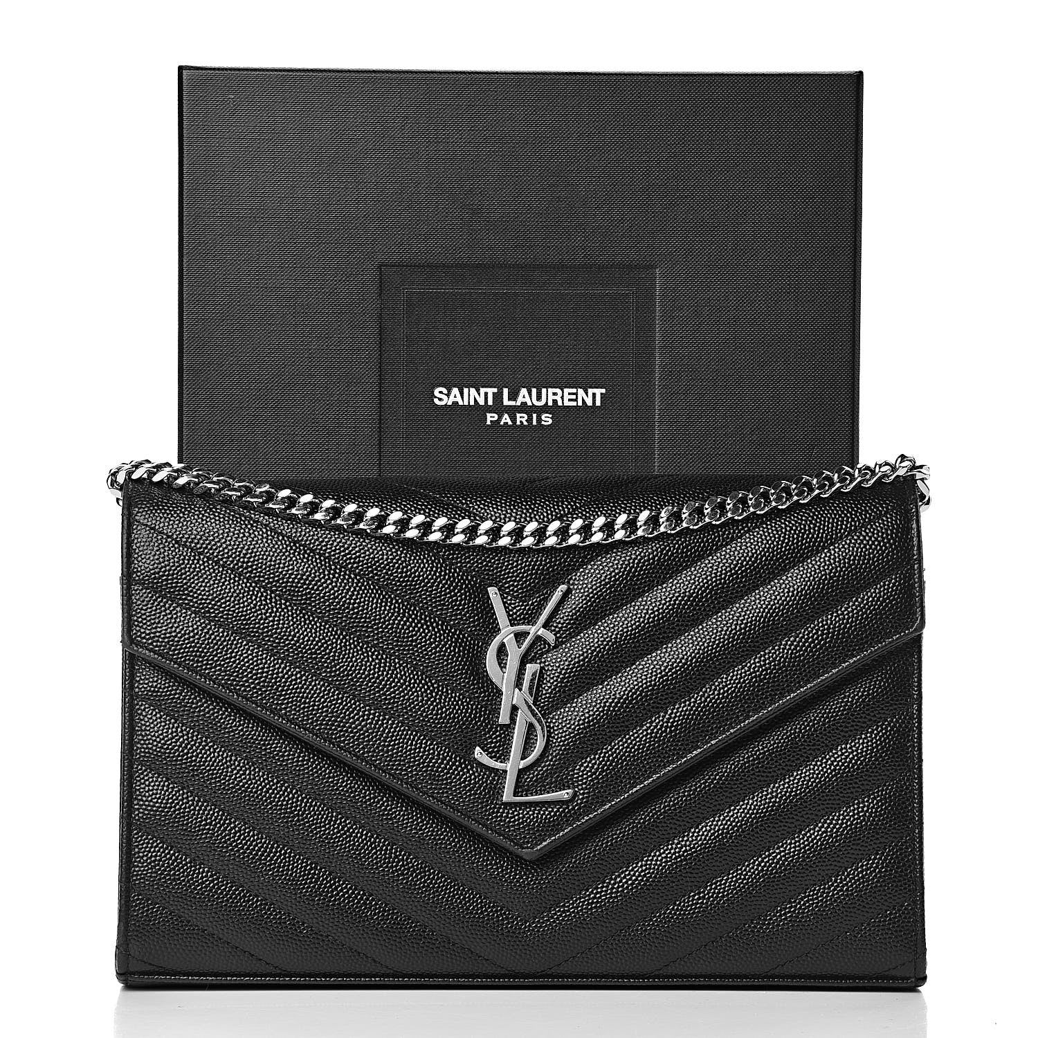 Saint Laurent Grain De Poudre Matelasse Chevron Monogram Chain Wallet Black 11 of 11