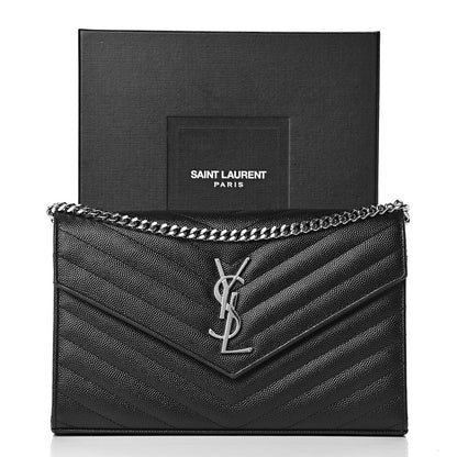 Saint Laurent Grain De Poudre Matelasse Chevron Monogram Chain Wallet Black 11 of 11