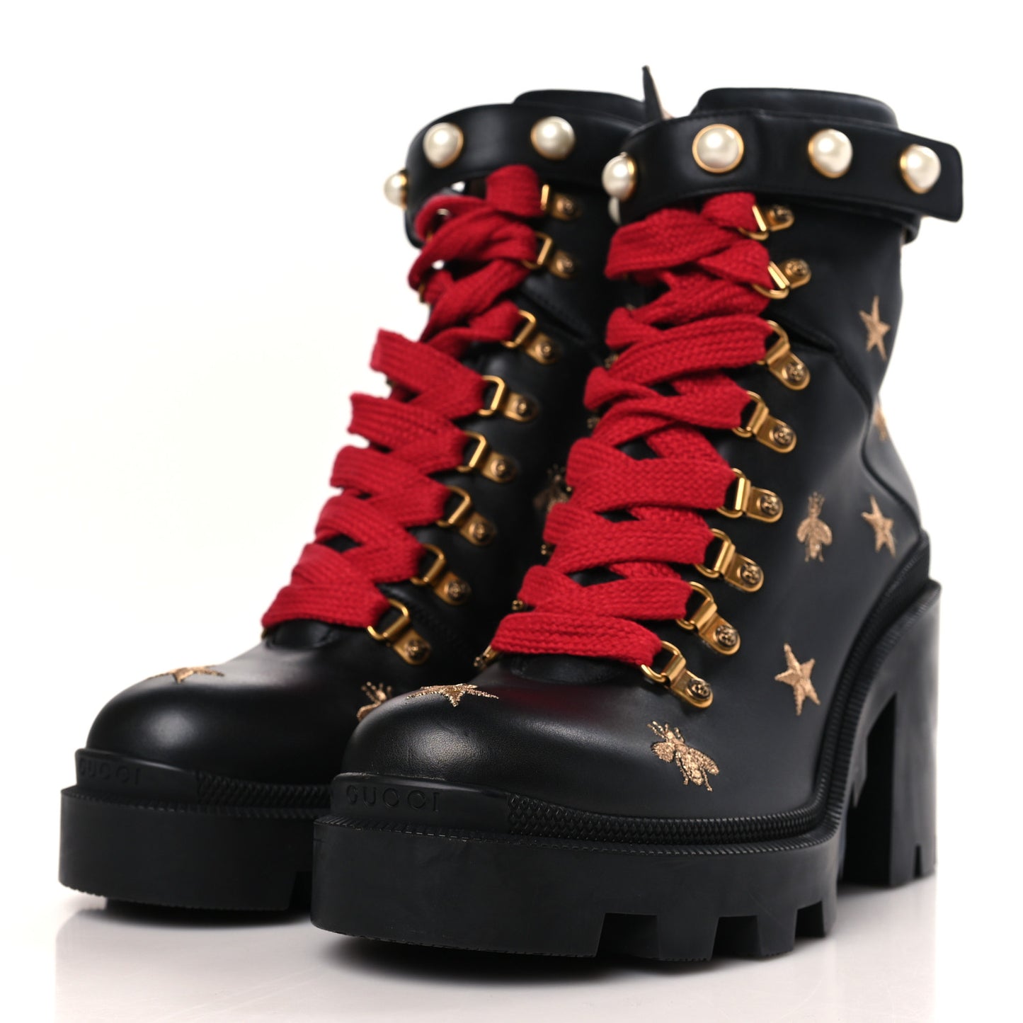 Calfskin Embroidered Lace Up Combat Ankle Boots 40 Black