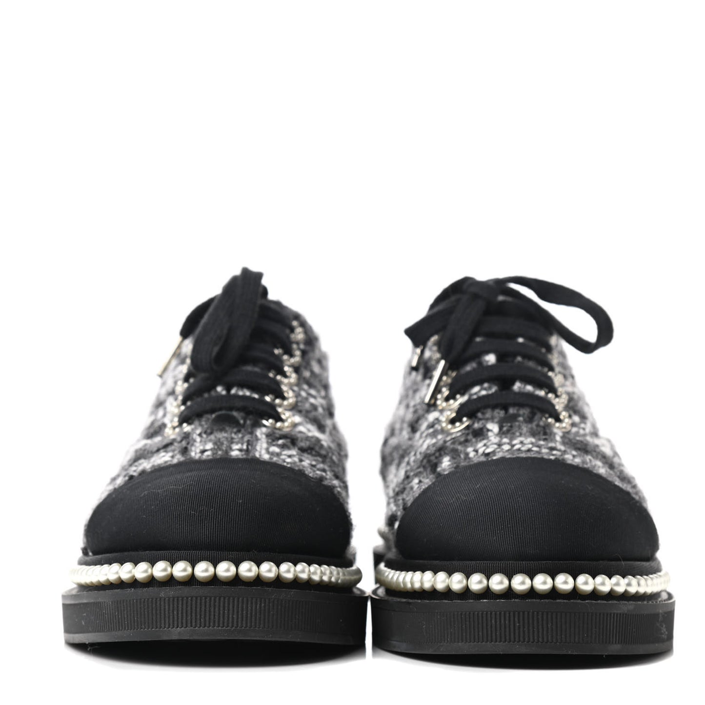 Tweed Grosgrain Pearl Lace Up Sneakers 37 Black