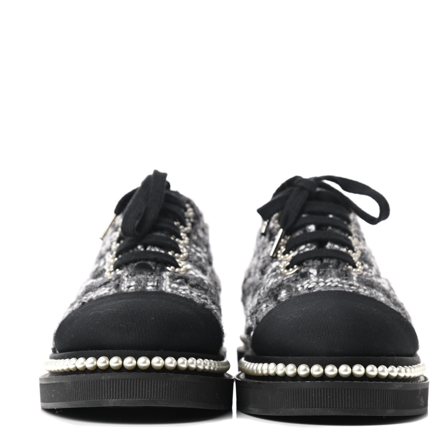 Chanel Tweed Grosgrain Pearl Lace Up Sneakers 37 Black 2 of 9
