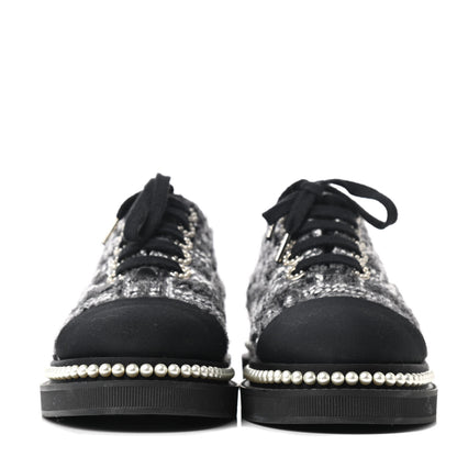 Chanel Tweed Grosgrain Pearl Lace Up Sneakers 37 Black 2 of 9