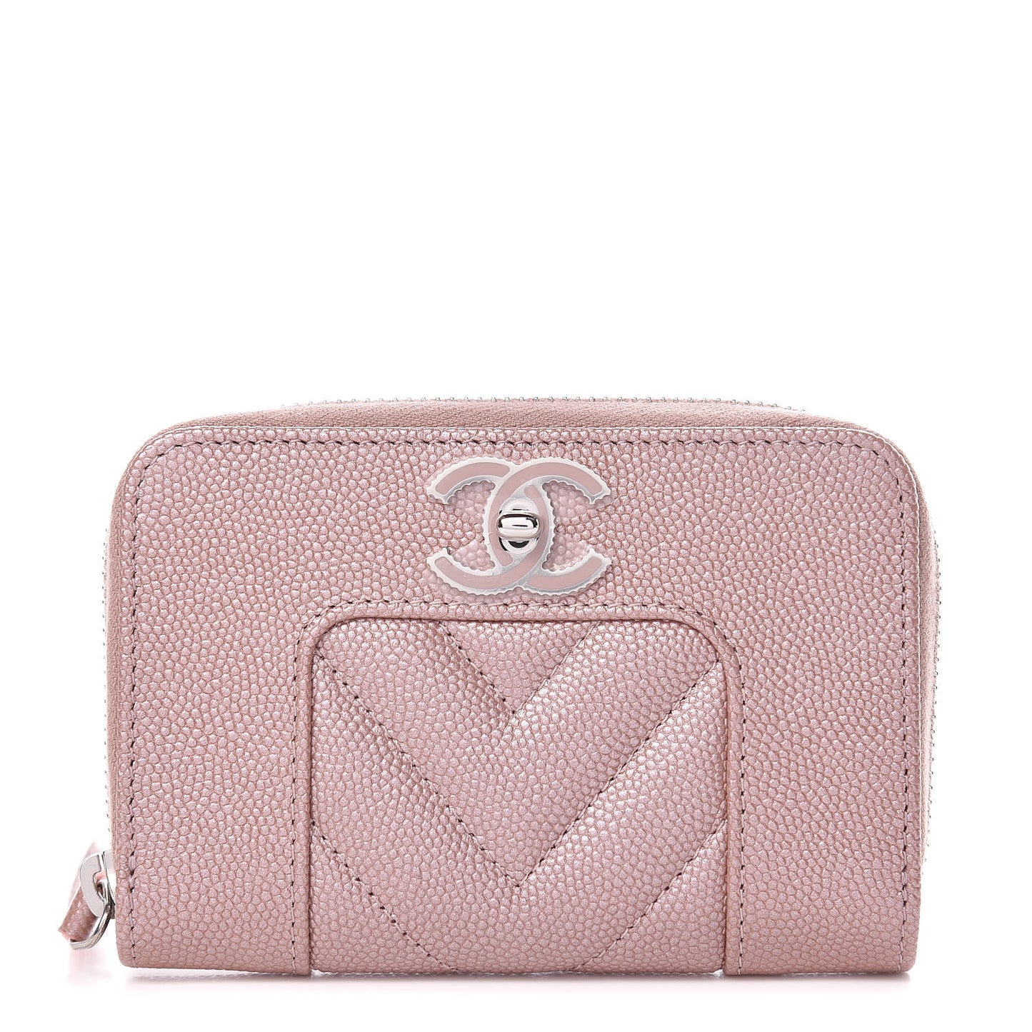 Metallic Caviar Chevron Quilted Vintage Mademoiselle Coin Purse Pink