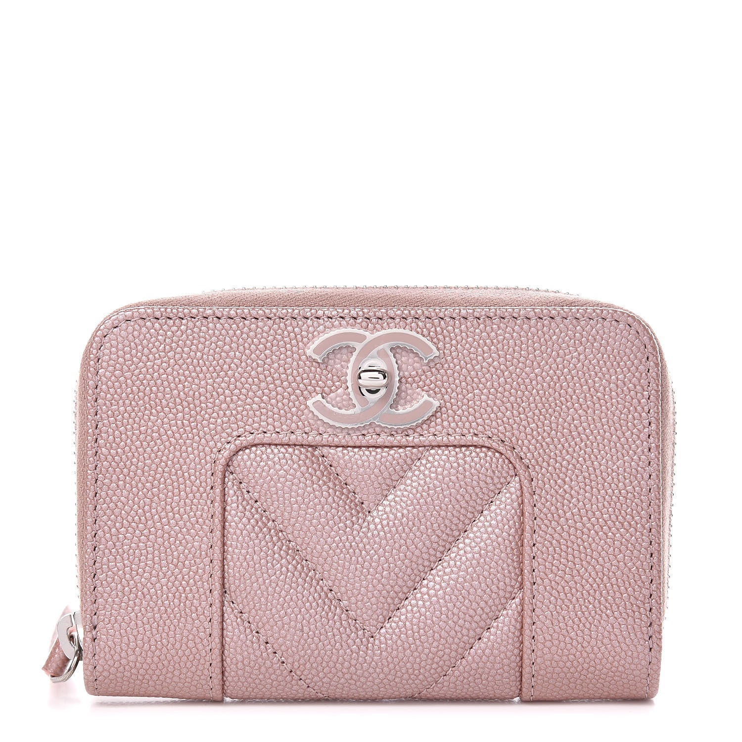 Chanel Metallic Caviar Chevron Quilted Vintage Mademoiselle Coin Purse Pink 1 of 8