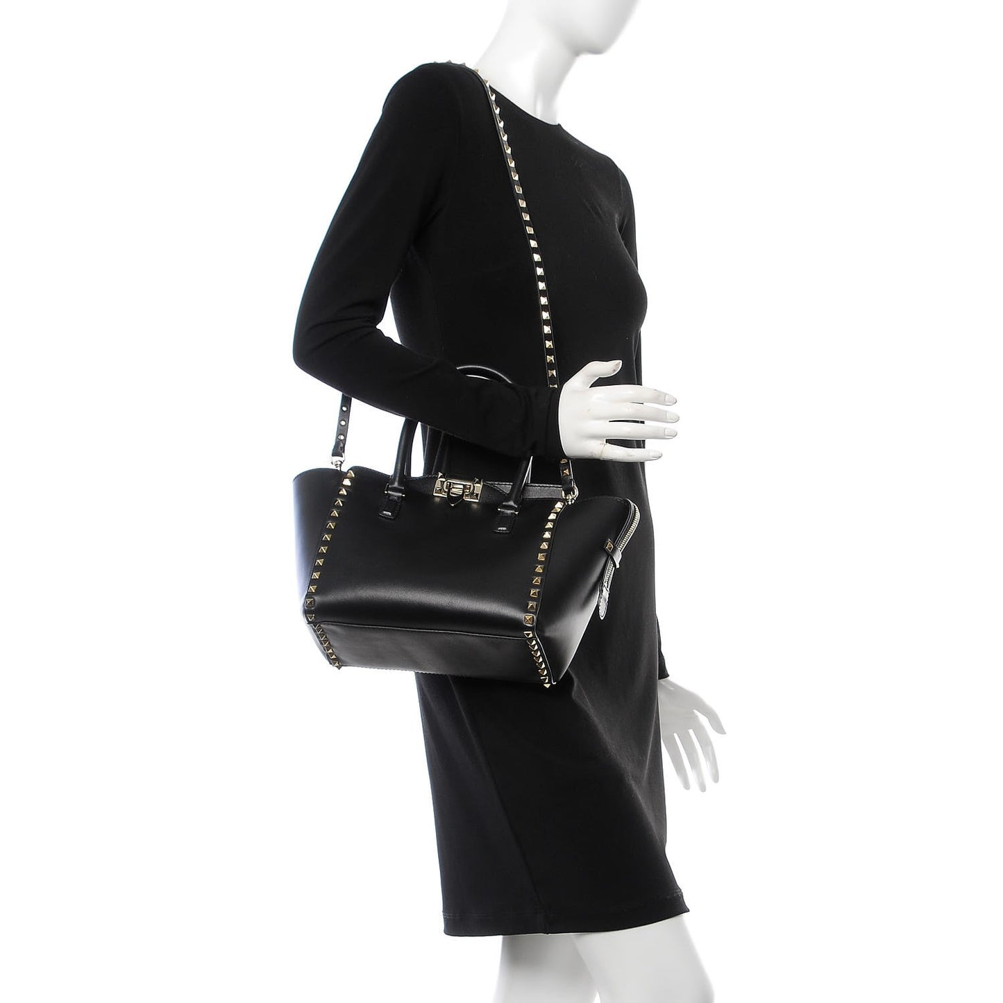 Vitello Small Rockstud Double Handle Tote Black