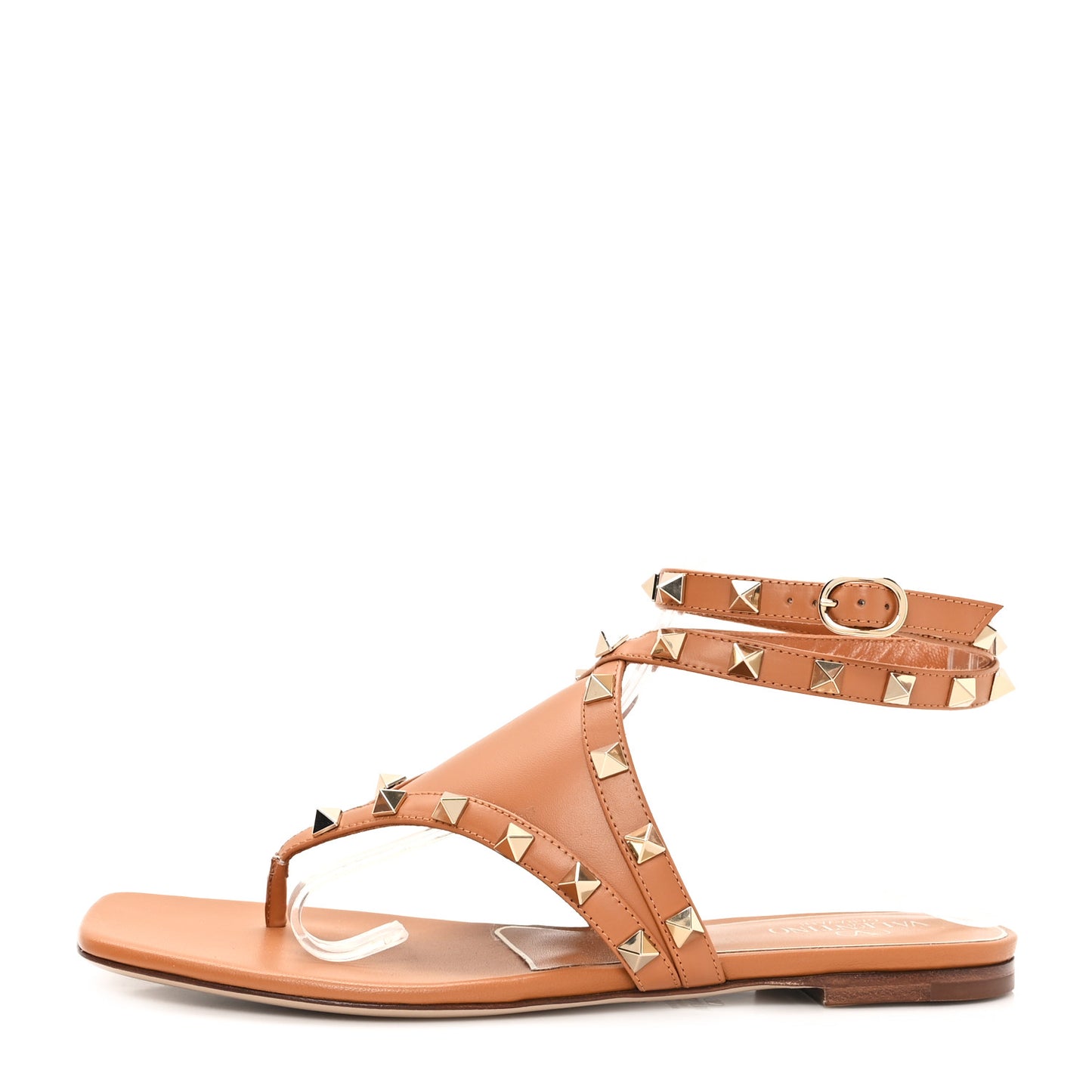 Calfskin Rockstud Ankle Wrap Flat Thong Sandals 37 Brown