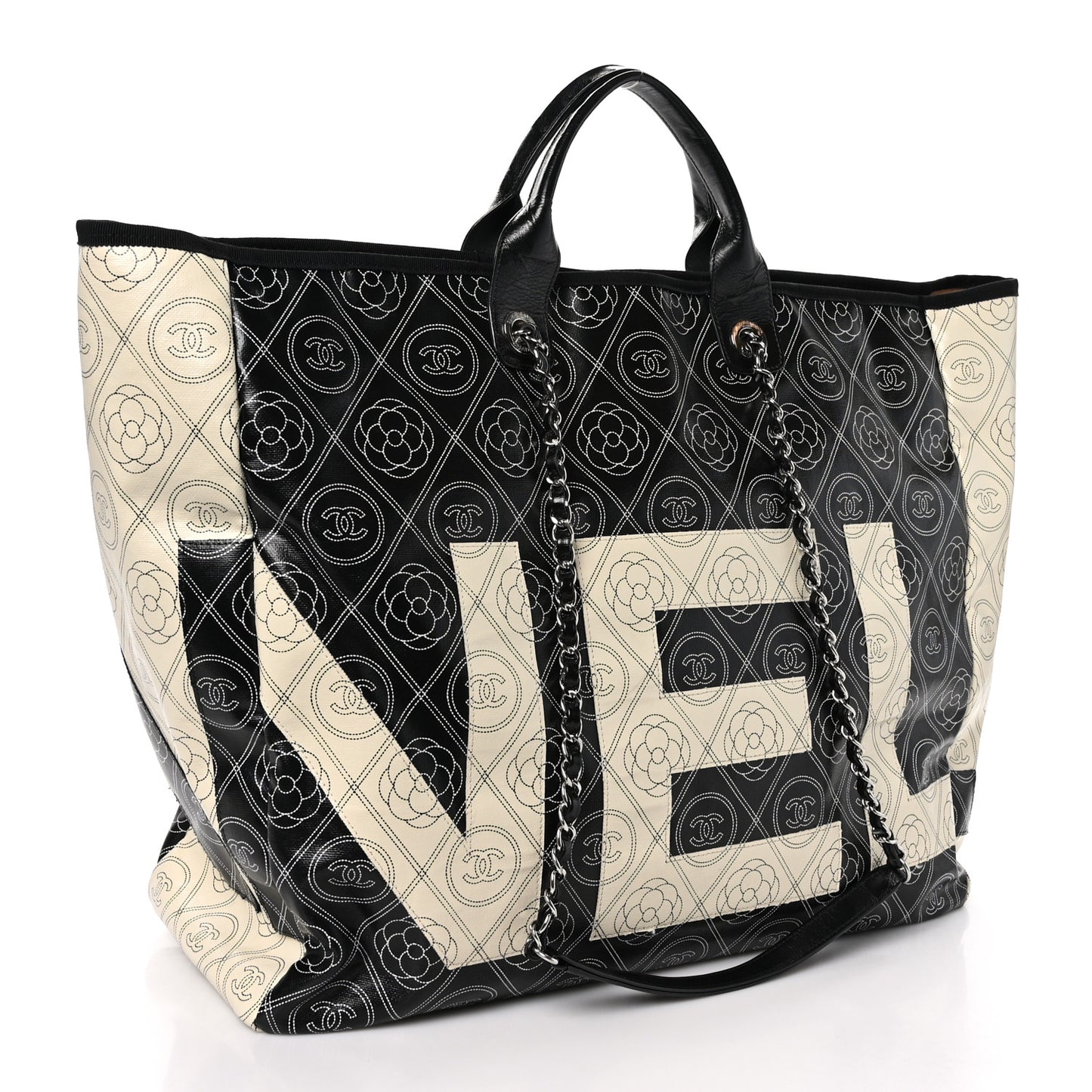 Coated Canvas Camellia Large Shopping Tote Black Beige