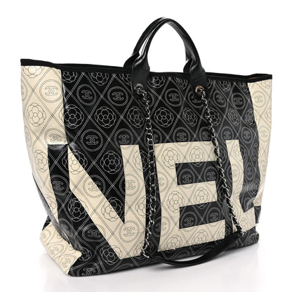 Chanel Coated Canvas Camellia Large Shopping Tote Black Beige 3 of 11
