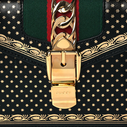 Gucci Calfskin Star Printed Mini Sylvie Top Handle Bag Gold Black 9 of 11