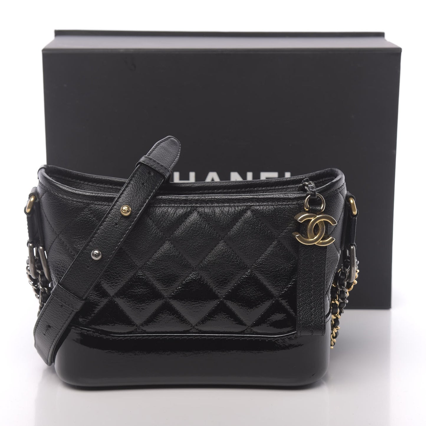 Patent Goatskin Quilted Small Gabrielle Hobo Black