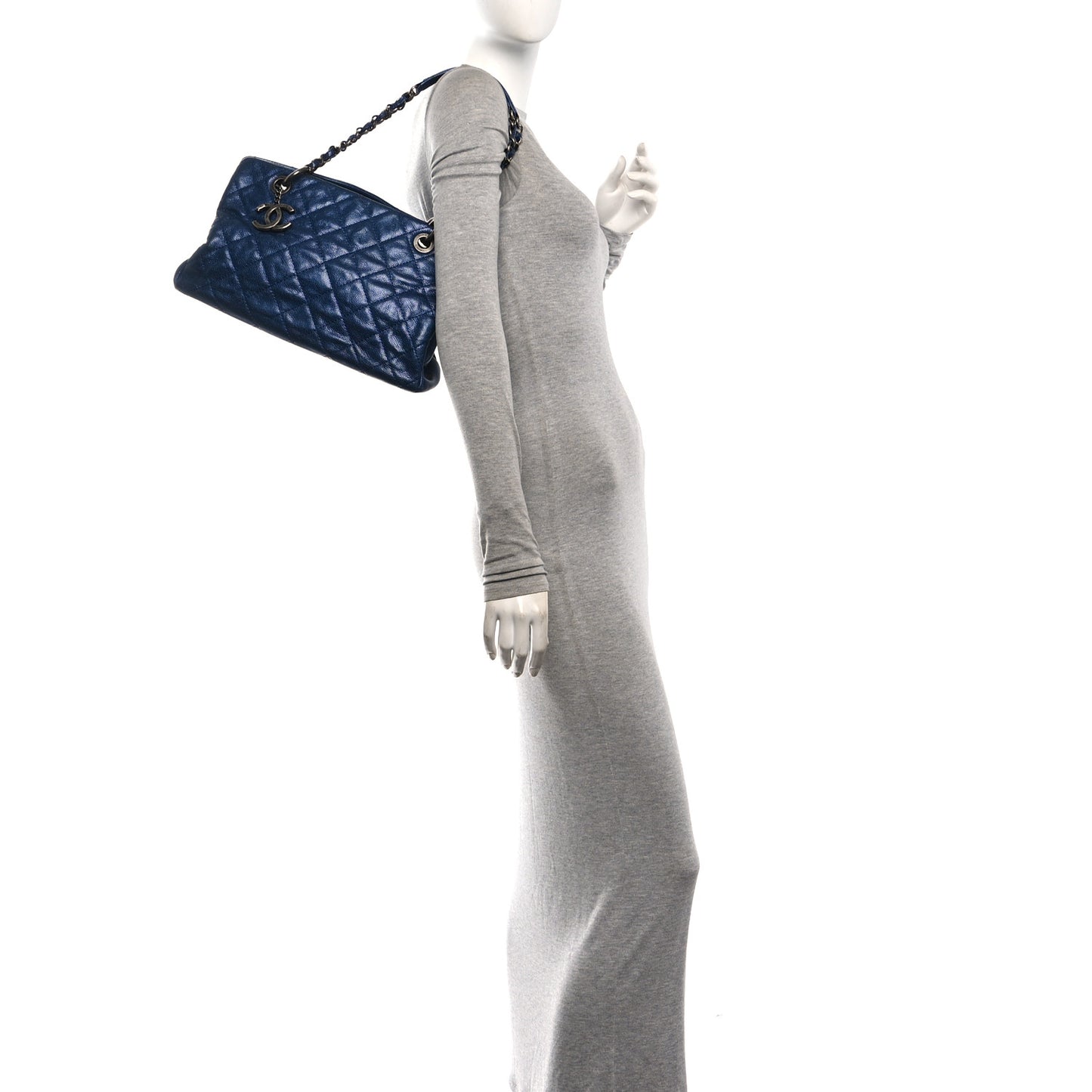 Iridescent Caviar Quilted Chic Shopping Tote Blue