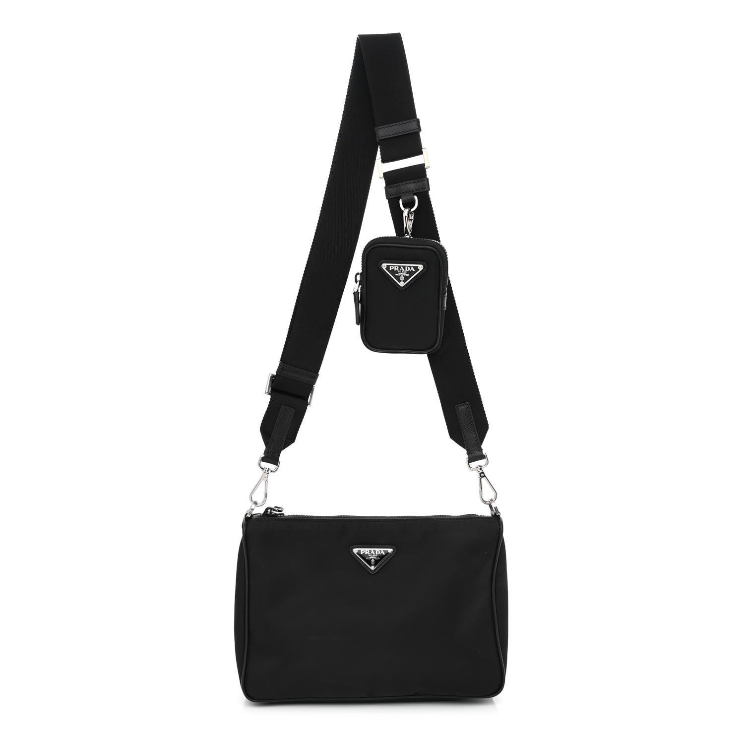 Prada Tessuto Nylon Saffiano Pocket Zippered Shoulder Bag Black 1 of 12