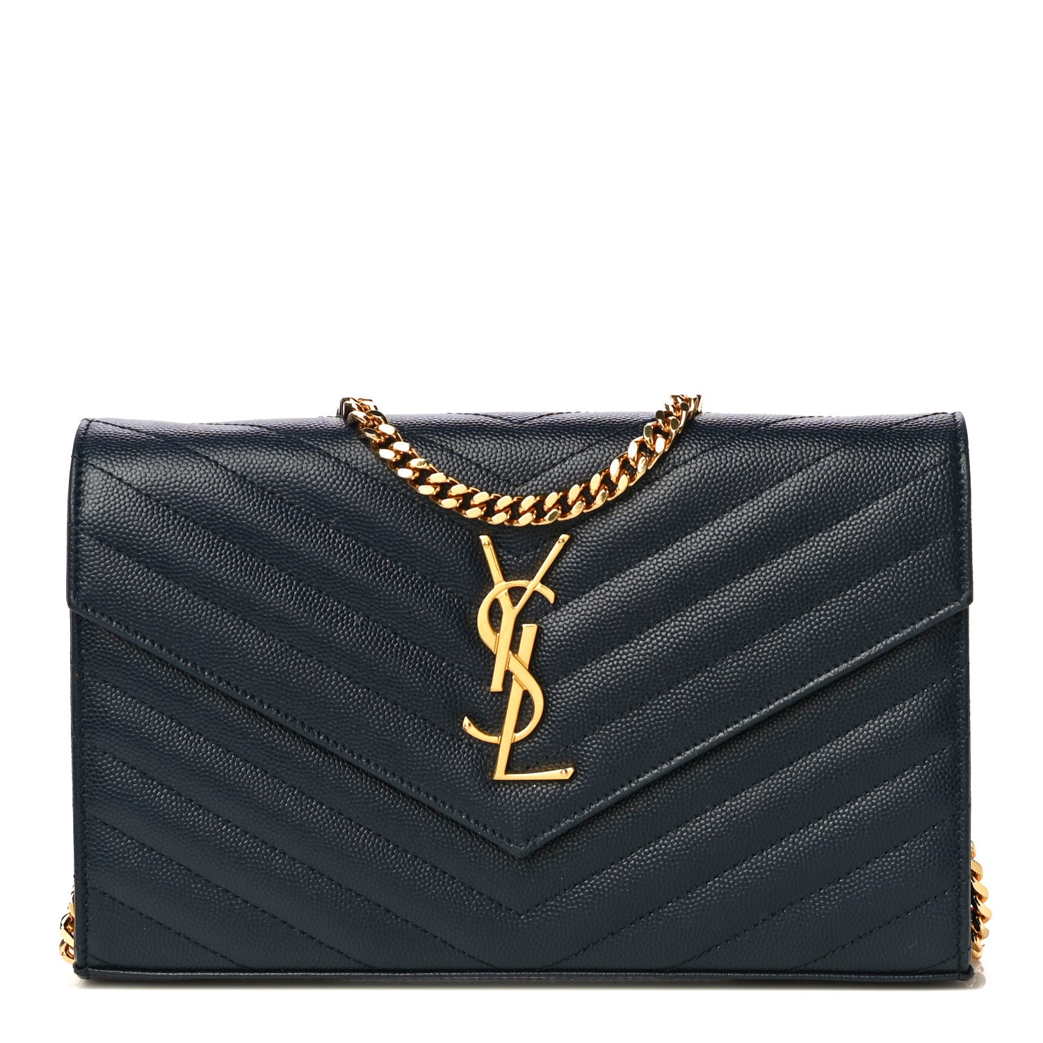 Saint Laurent Grain De Poudre Matelasse Chevron Monogram Chain Wallet Deep Marine 1 of 9