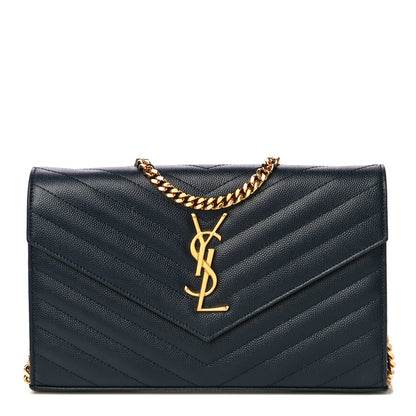 Saint Laurent Grain De Poudre Matelasse Chevron Monogram Chain Wallet Deep Marine 1 of 9