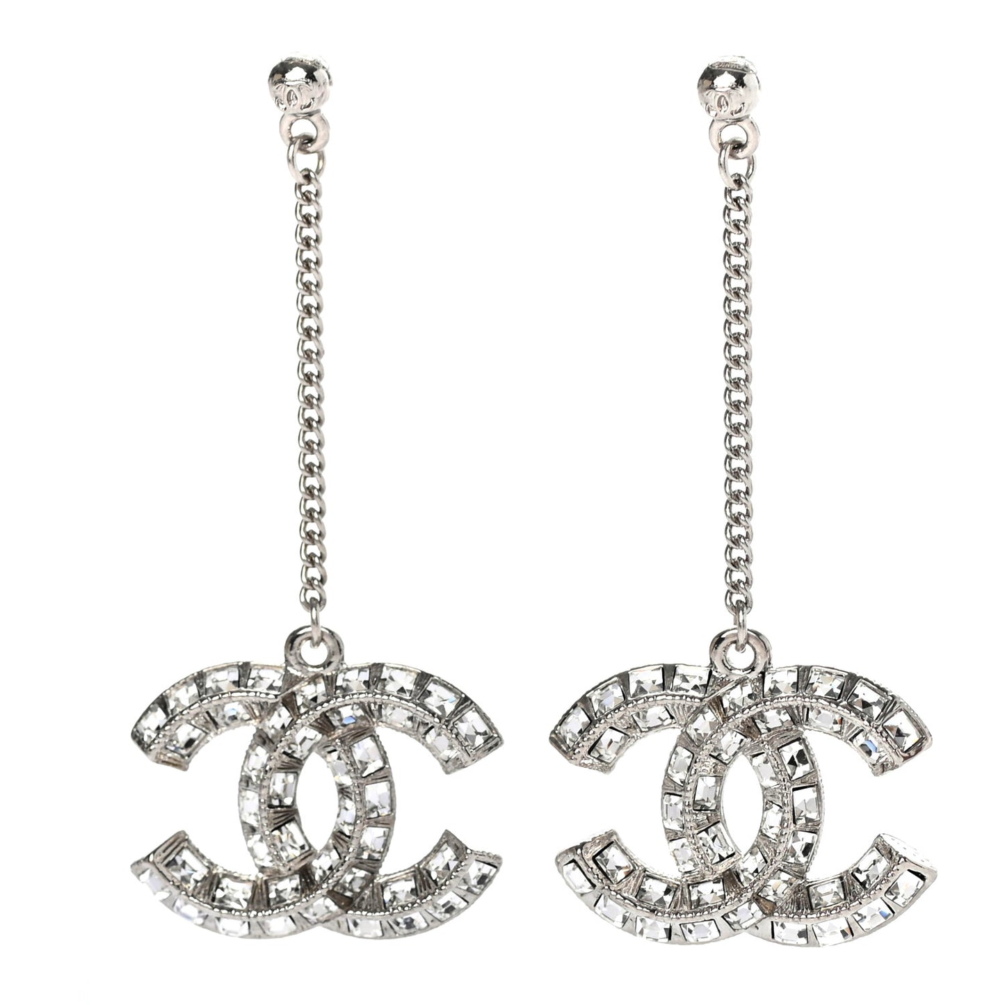 Baguette Crystal CC Drop Earrings Silver
