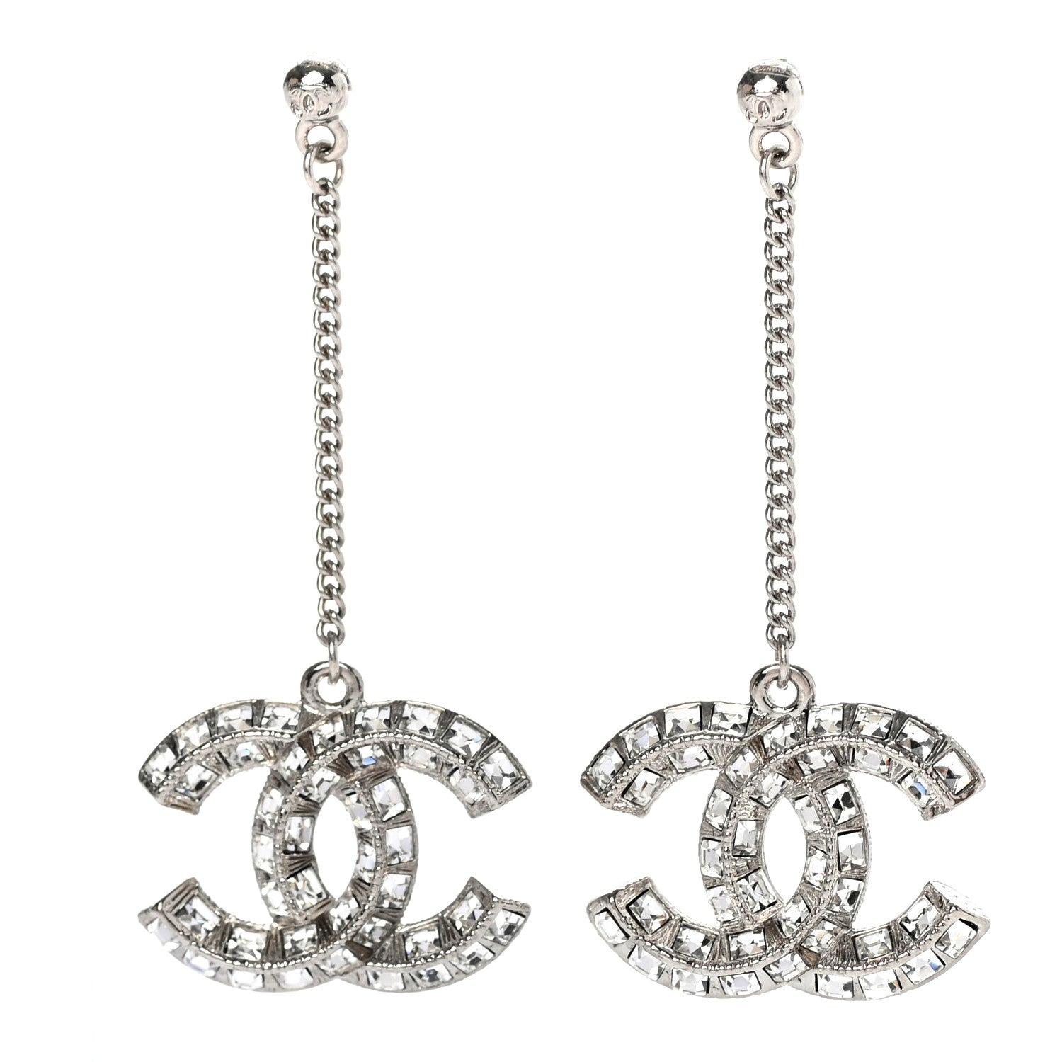 Chanel Baguette Crystal CC Drop Earrings Silver 1 of 4