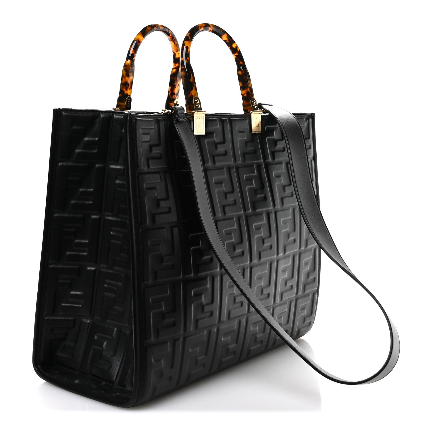 Fendi Vitello Plexiglass FF Embossed Medium Fendi Sunshine Shopper Tote Black 2 of 9