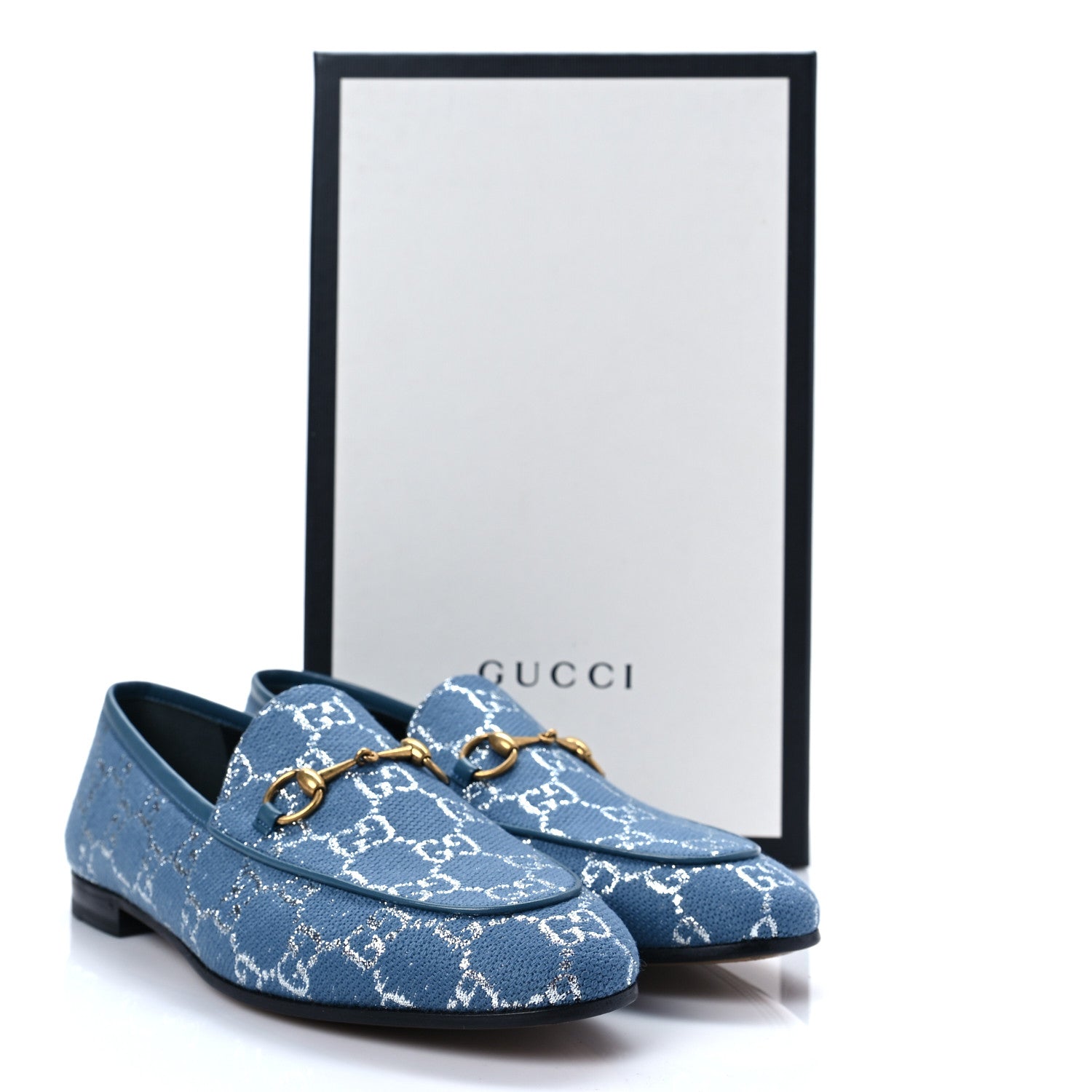 Gucci Canvas Lame GG Monogram Horsebit Womens Jordaan Loafers 39 Blue Silver Cornflower Blue 8 of 8
