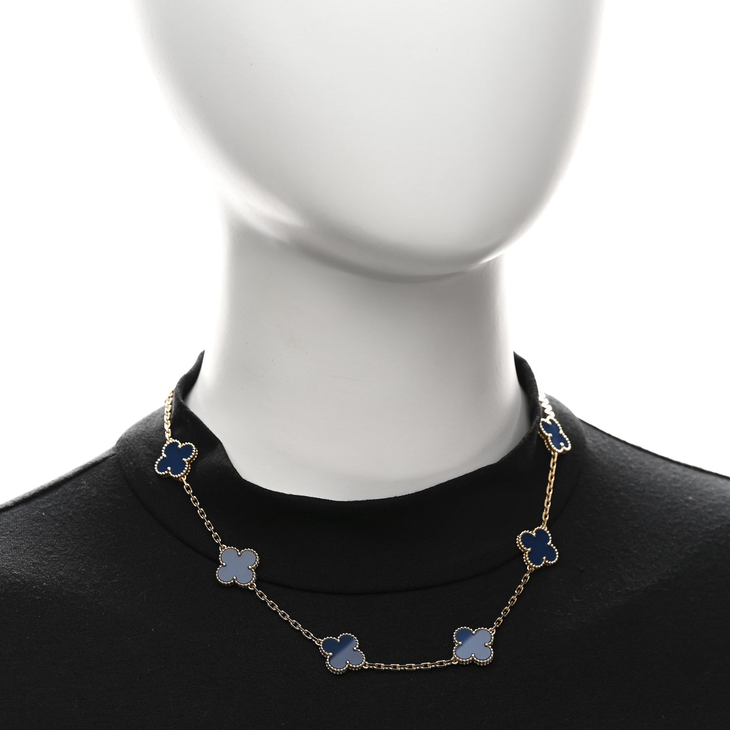18K Yellow Gold Blue Agate 10 Motifs Vintage Alhambra Necklace
