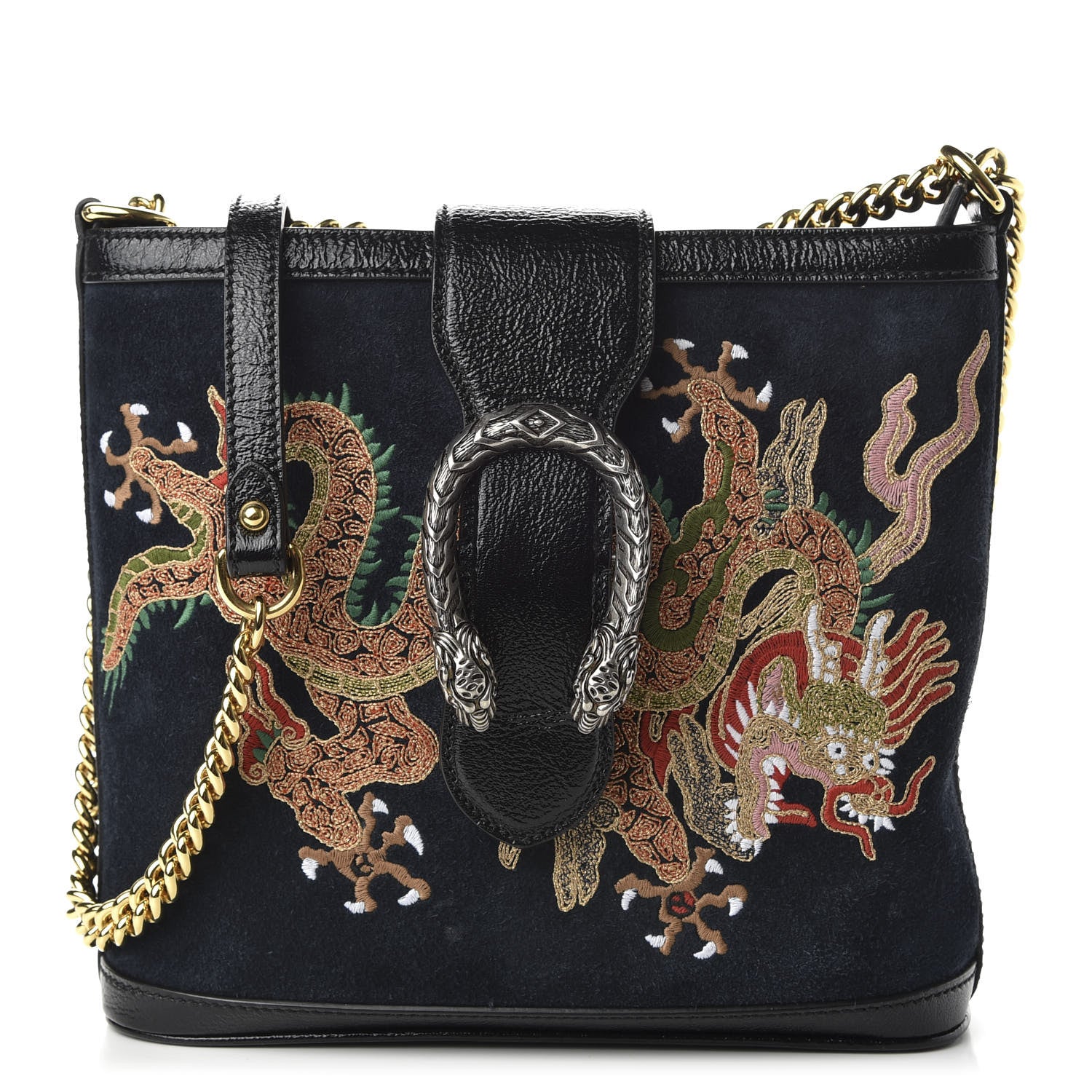 Gucci Suede Patent Dragon Embroidered Medium Dionysus Bucket Bag Dark Blue 1 of 11