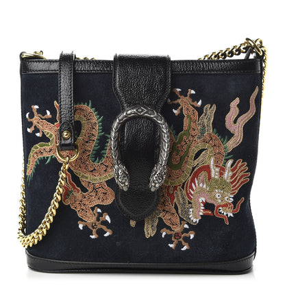 Gucci Suede Patent Dragon Embroidered Medium Dionysus Bucket Bag Dark Blue 1 of 11