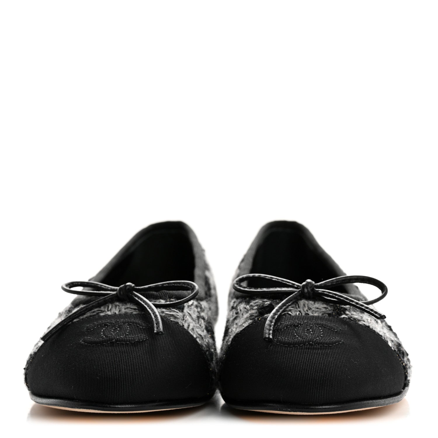 Chanel Wool Cotton Tweed Grosgrain Cap Toe Ballerina Flats 38 Black Gray 3 of 10