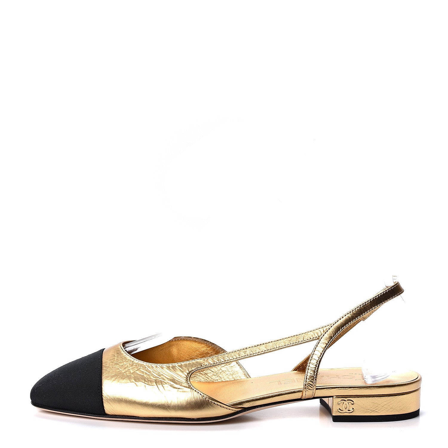 Chanel Laminated Lambskin Grosgrain Cap Toe CC Slingback Flats 37.5 Gold Black 1 of 8