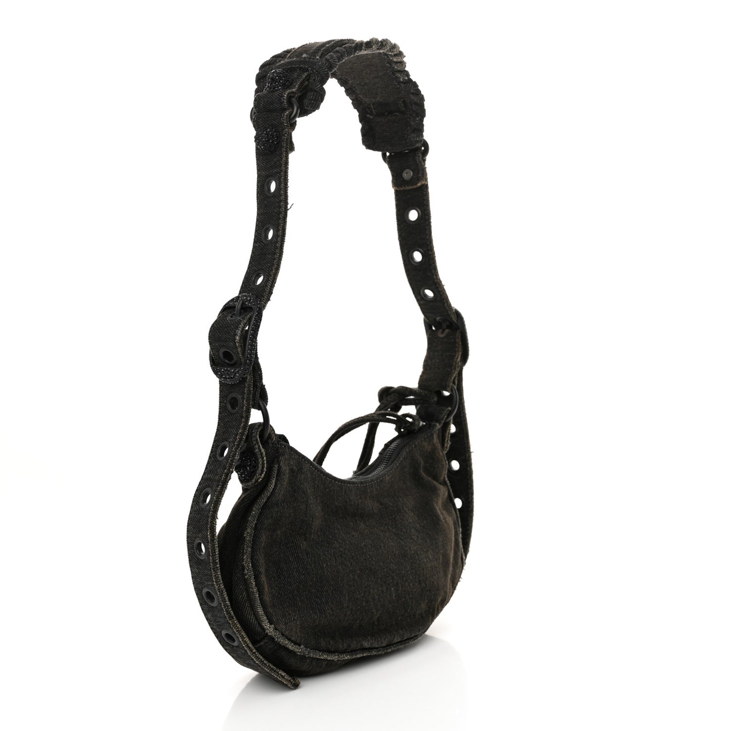 Washed Frayed Denim Crystal Le Cagole Shoulder Bag XS Black