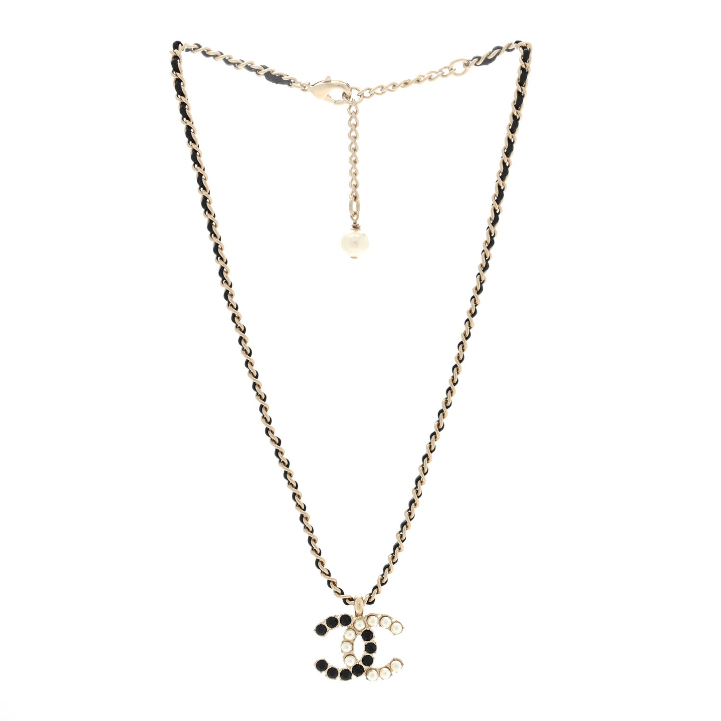 Pearl Crystal Lambskin Chain CC Short Necklace Black Gold