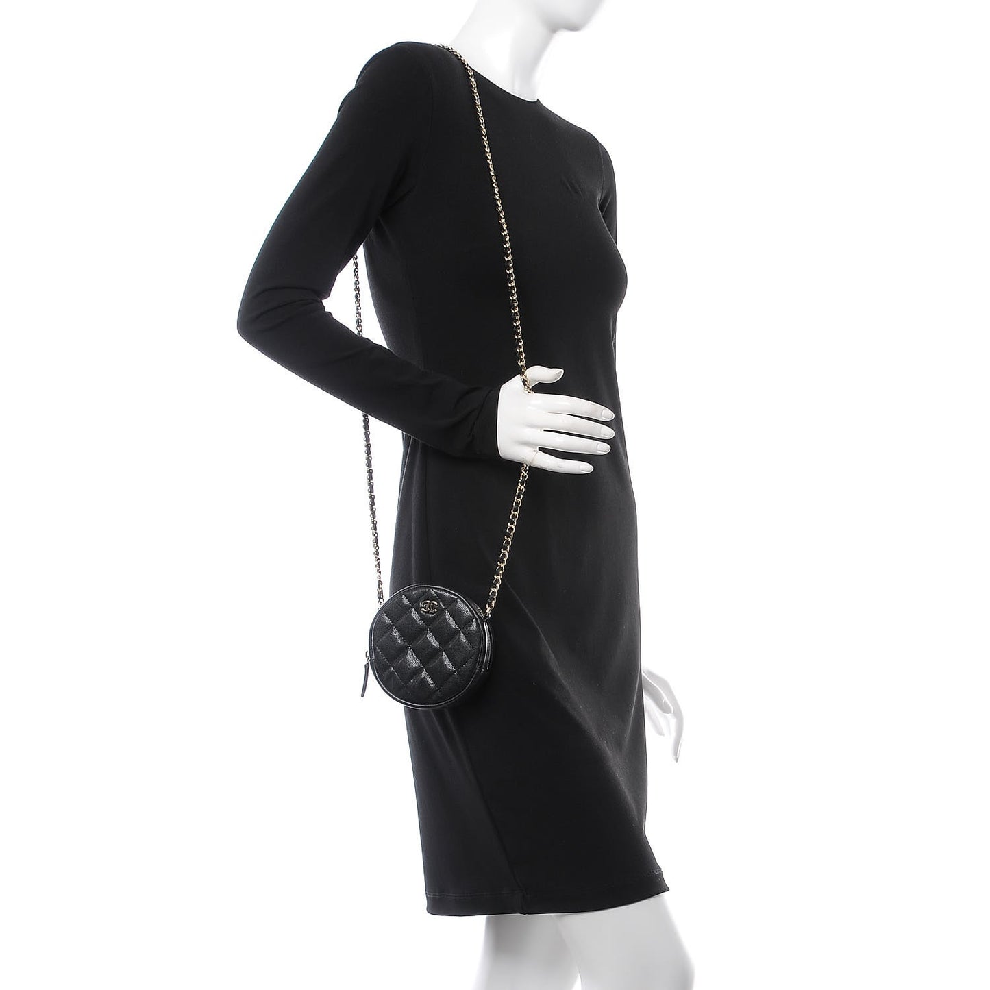 Caviar Quilted Round Clutch With Chain Black