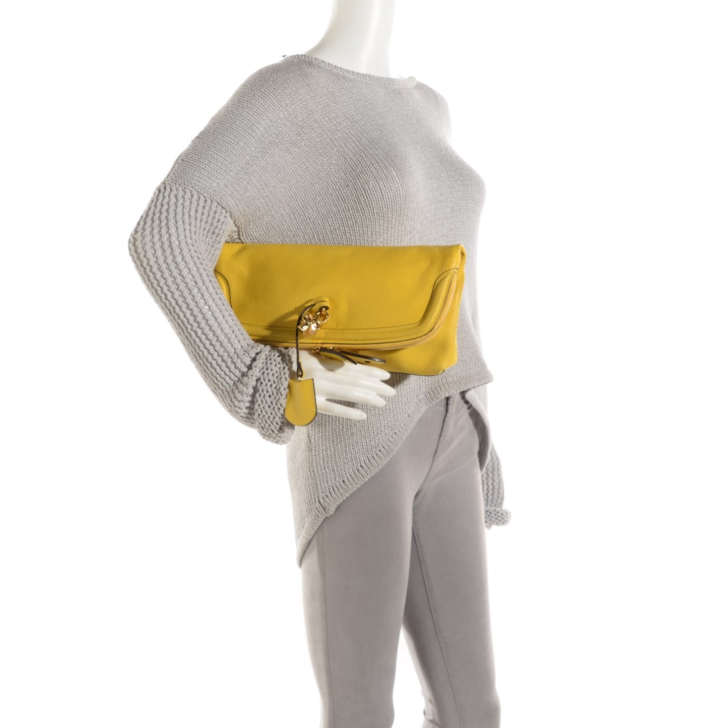 Grainy Calfskin Padlock Skull Clutch Yellow