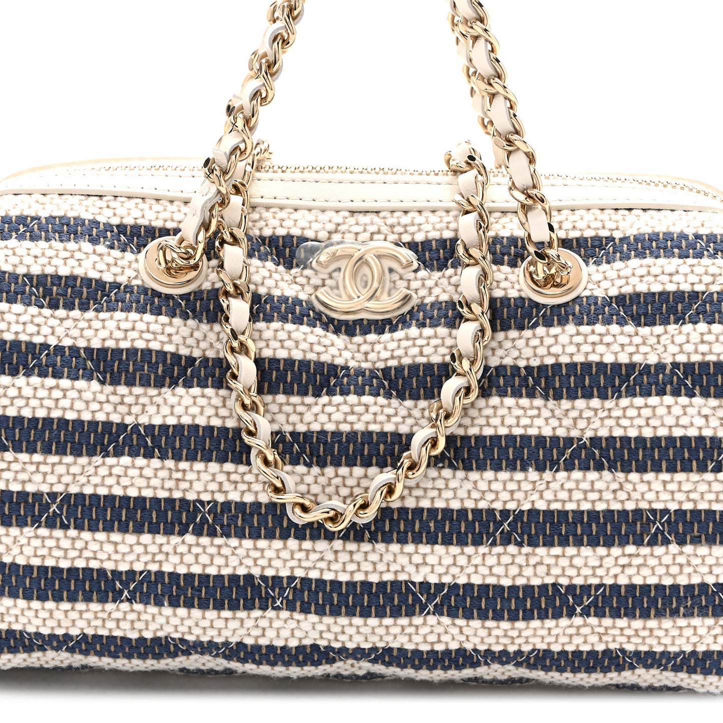 Printed Fabric Clutch With Chain Light Beige Dark Blue