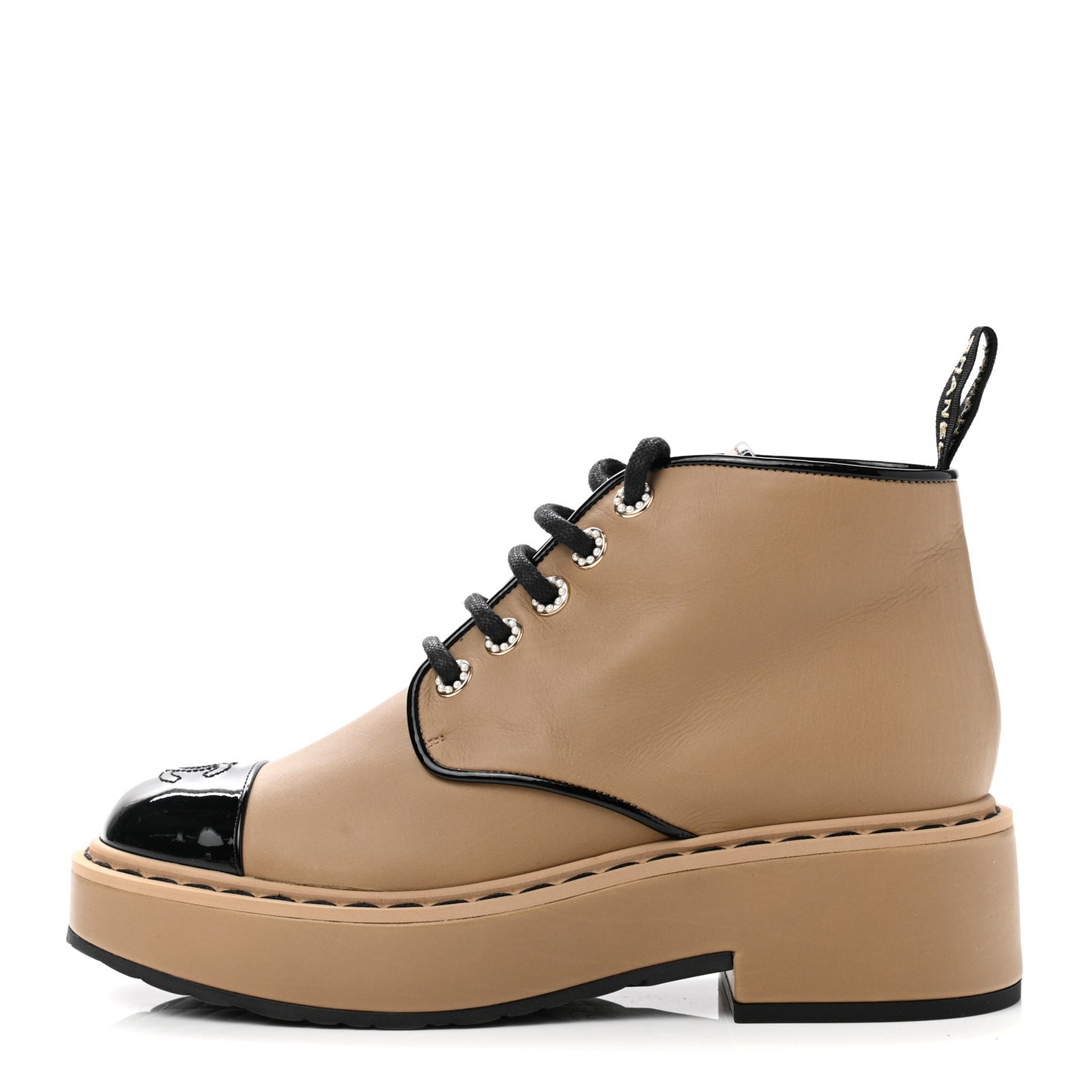 Calfskin Lace Up CC Short Boots 37 Beige Black