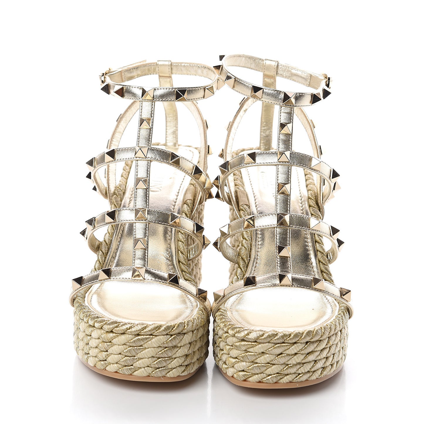 Metallic Nappa Rockstud Ankle Strap Torchon Espadrille Caged 25/95mm Wedge Sandals 37 Platino