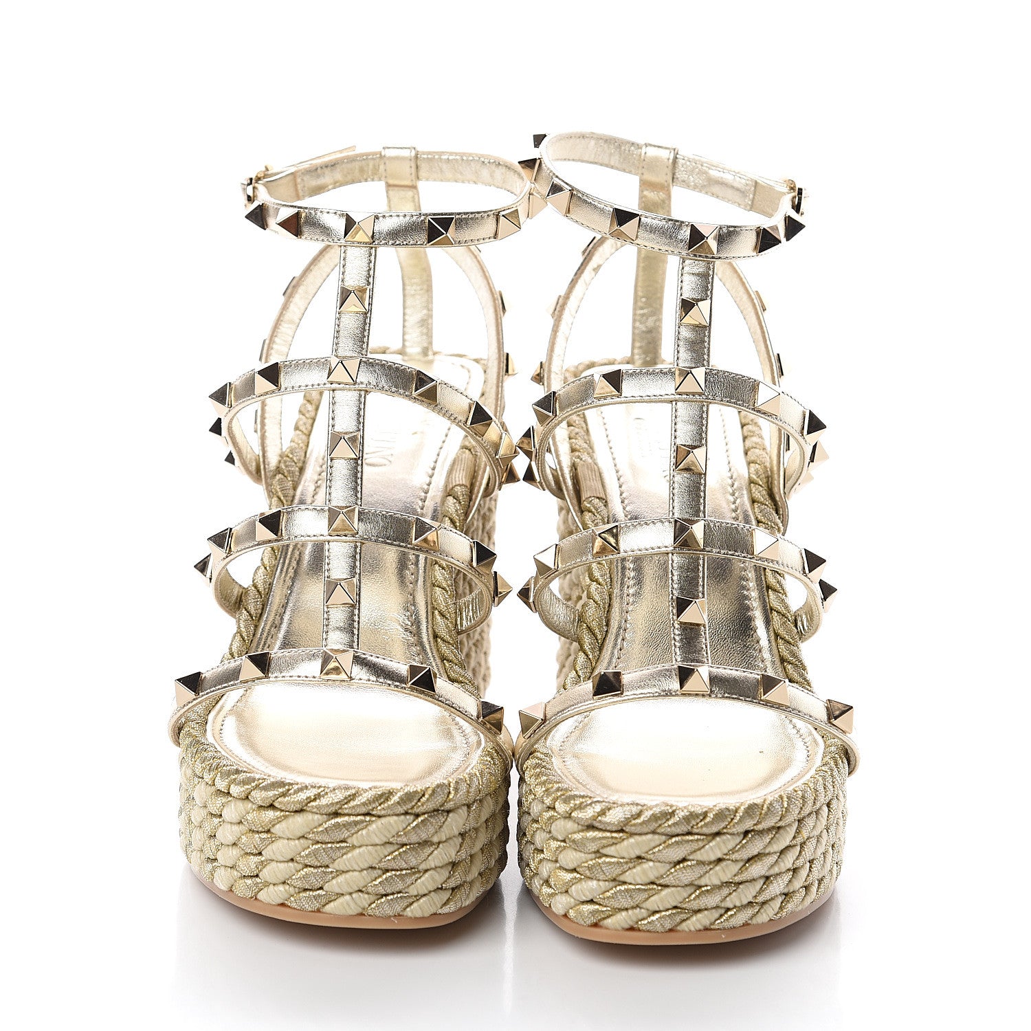 Valentino Garavani Metallic Nappa Rockstud Ankle Strap Torchon Espadrille Caged 25/95mm Wedge Sandals 37 Platino 2 of 7