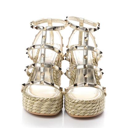 Valentino Garavani Metallic Nappa Rockstud Ankle Strap Torchon Espadrille Caged 25/95mm Wedge Sandals 37 Platino 2 of 7