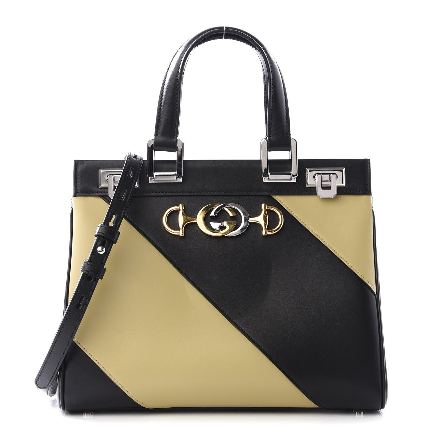 Smooth Calfskin Diagonal Striped Small Zumi Top Handle Bag Black Beige