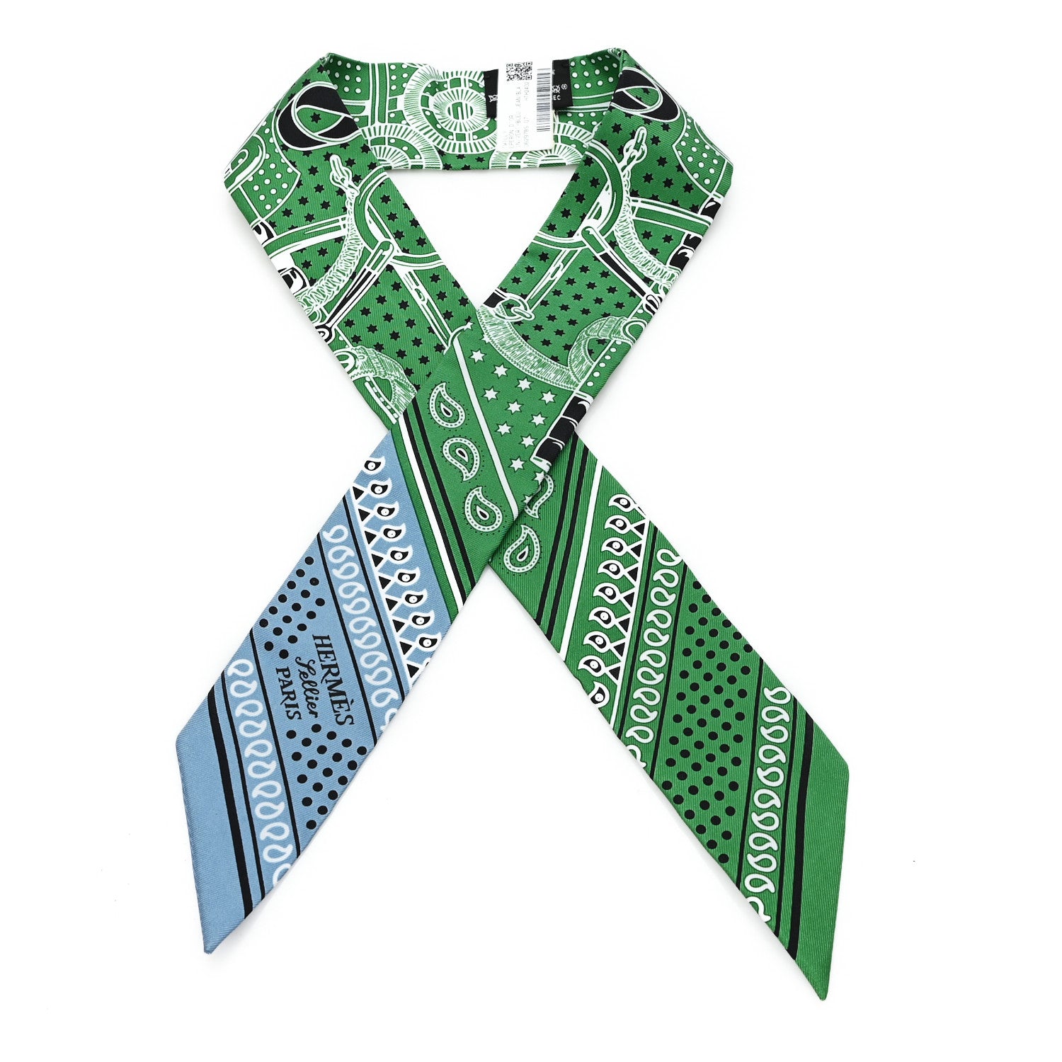 Hermes Silk Eperon d'Or Bandana Twilly Vert Bleu Jean White 1 of 3