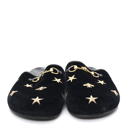 Gucci Softy Velvet Malaga Kid Bee Star Embroidered Womens Horsebit River Slippers 38.5 Black 2 of 9