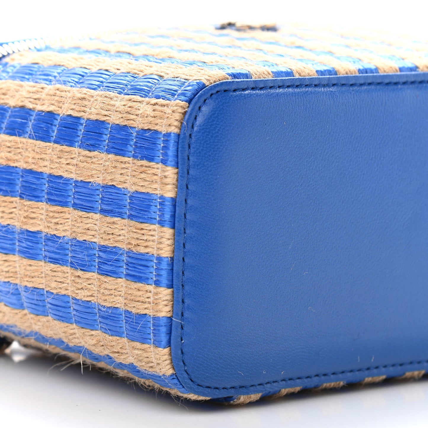 Raffia Jute Striped Small Vanity Case With Chain Blue Beige