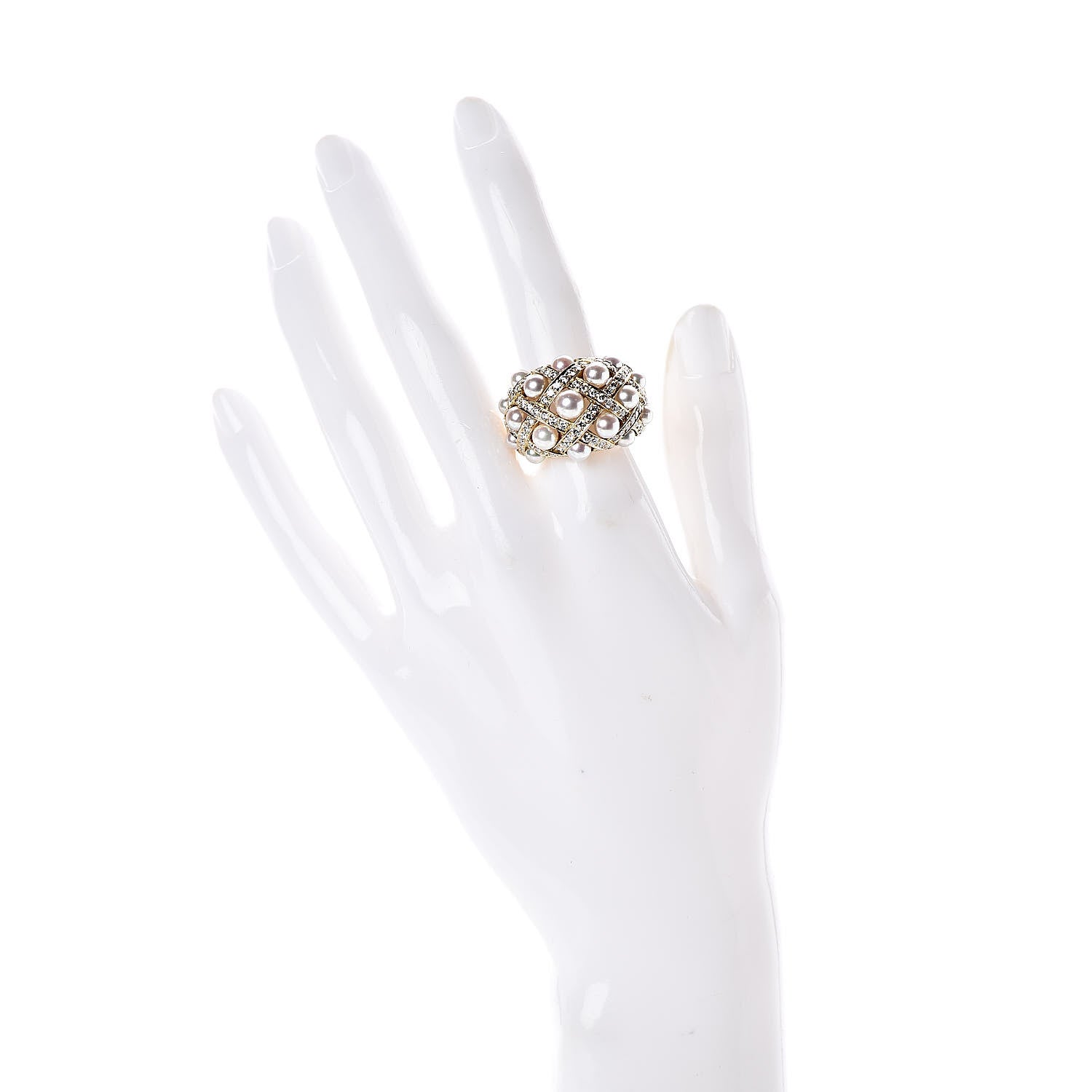 Chanel 18K Yellow Gold Diamond Akoya Pearl Baroque Matelasse Ring 52 6 2 of 5