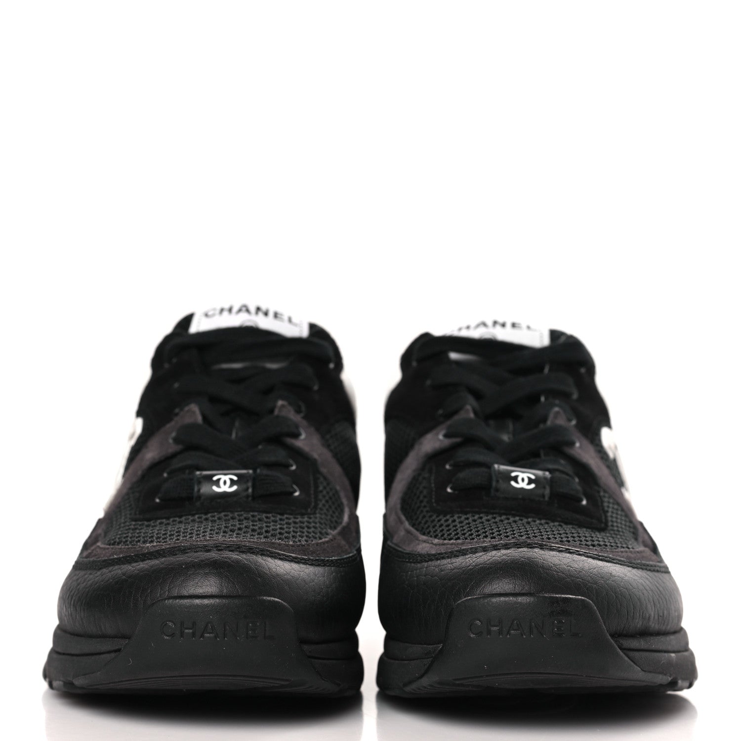Chanel Mesh Suede Calfskin Grained Calfskin Womens CC Sneakers 39.5 White Black 2 of 7