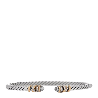 David Yurman Sterling Silver 18K Yellow Gold Diamond 3mm Petite Helena Cuff Bracelet 1 of 5